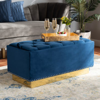 Baxton Studio WS-2019-Navy Blue Velvet/Gold-Otto Powell Glam and Luxe Navy Blue Velvet Fabric Upholstered and Gold PU Leather Storage Ottoman